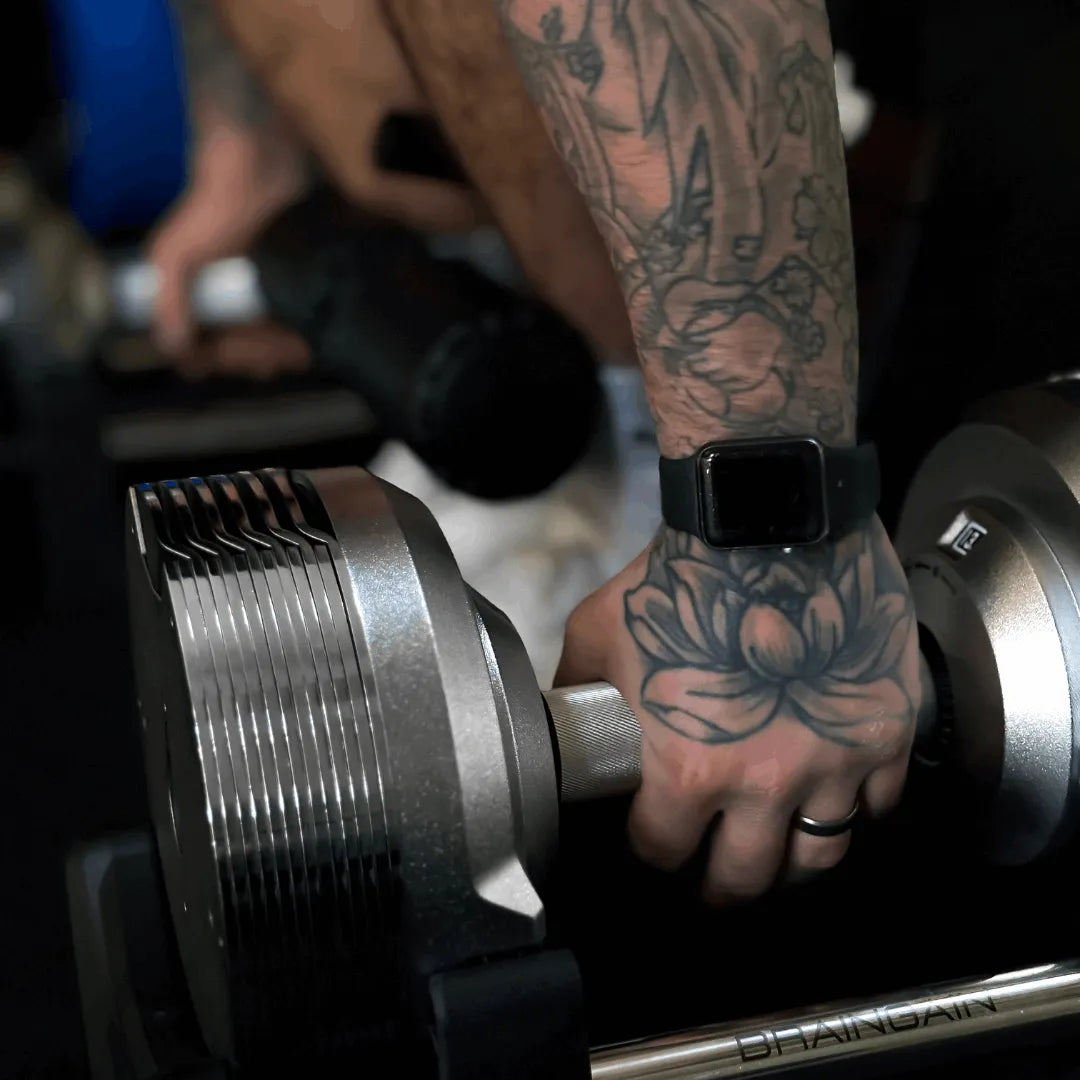 Pair of BRAINGAIN 41.5kg chrome adjustable dumbbells with display stand for home or commercial gym use