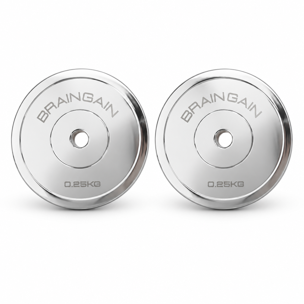 BrainGain 0.25kg magnetic micro weight plates, chrome pair on white background