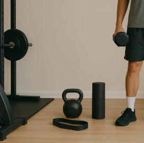 “A person holding a dumbbell stands next to a kettlebell, foam roller, and resistance band, illustrating a minimalist home gym setup — part of a visual comparison for choosing between gym membership and home gym equipment