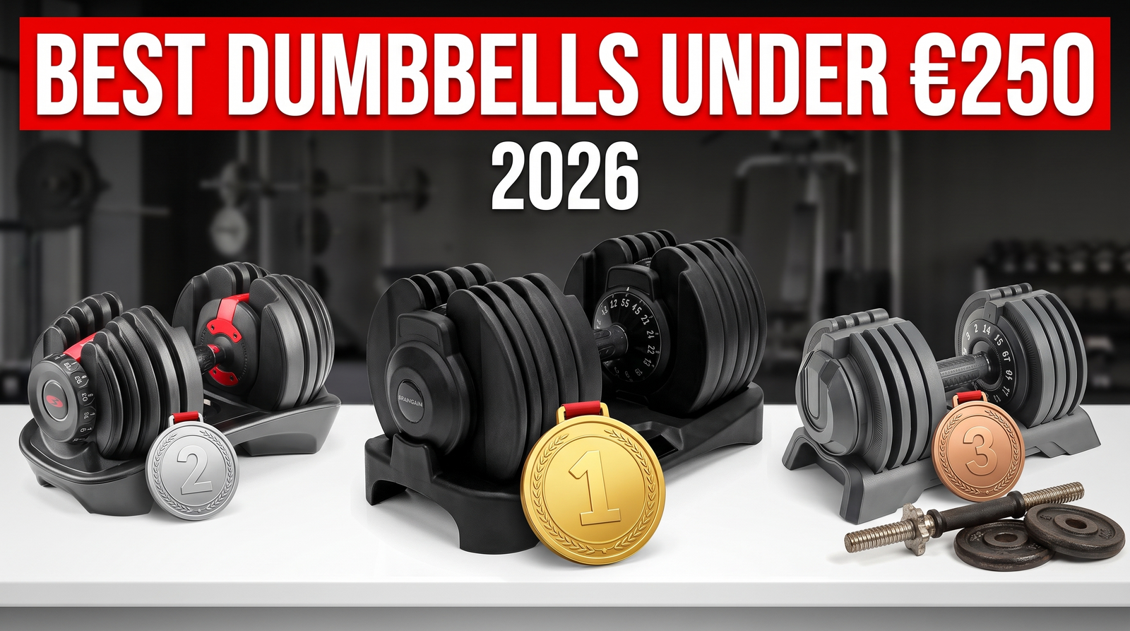 Ranking of the best adjustable dumbbells under €250 in 2026: BrainGain SmartBells 24kg in first place ahead of the Bowflex SelectTech 552, Amazon Basics and a spinlock set