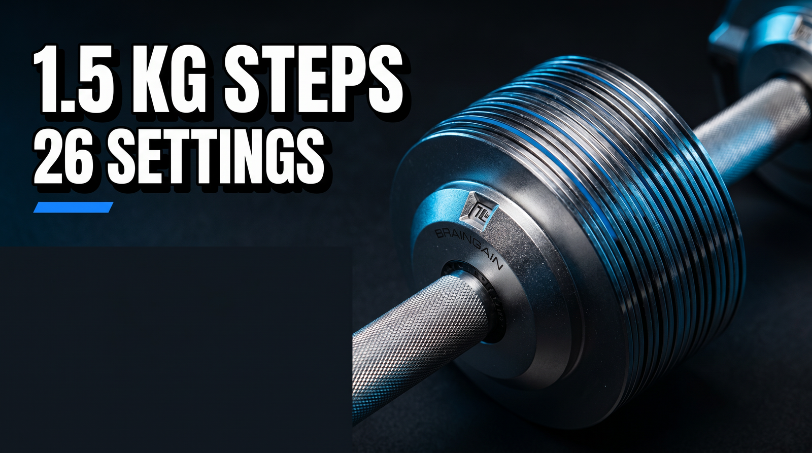 BrainGain SmartBells Pro chrome plates macro — 1.5 kg steps across 26 settings for progressive overload