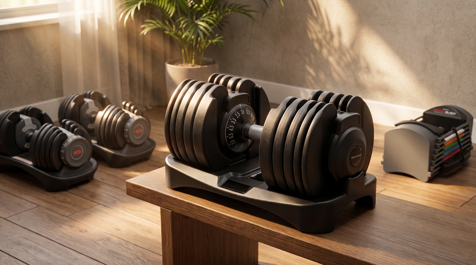 BrainGain SmartBells 24kg compared with Bowflex SelectTech 552 and PowerBlock Sport in a small home gym — the best adjustable dumbbells for small spaces in 2026