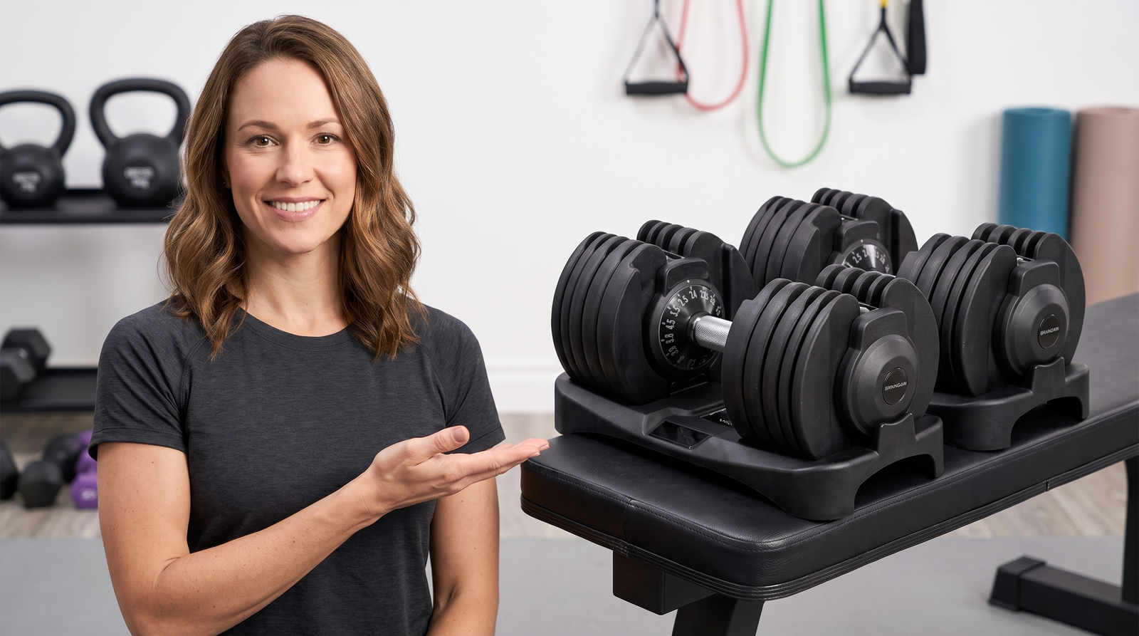 Author Hannah Clarke presenting the BrainGain SmartBells 24kg — the best adjustable dumbbells for women in 2026