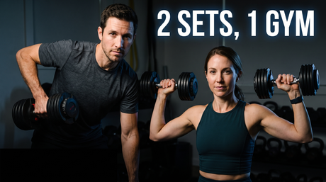 An athletic couple training together in a home gym, each holding their own set of adjustable dumbbells, with the caption 2 sets 1 gym