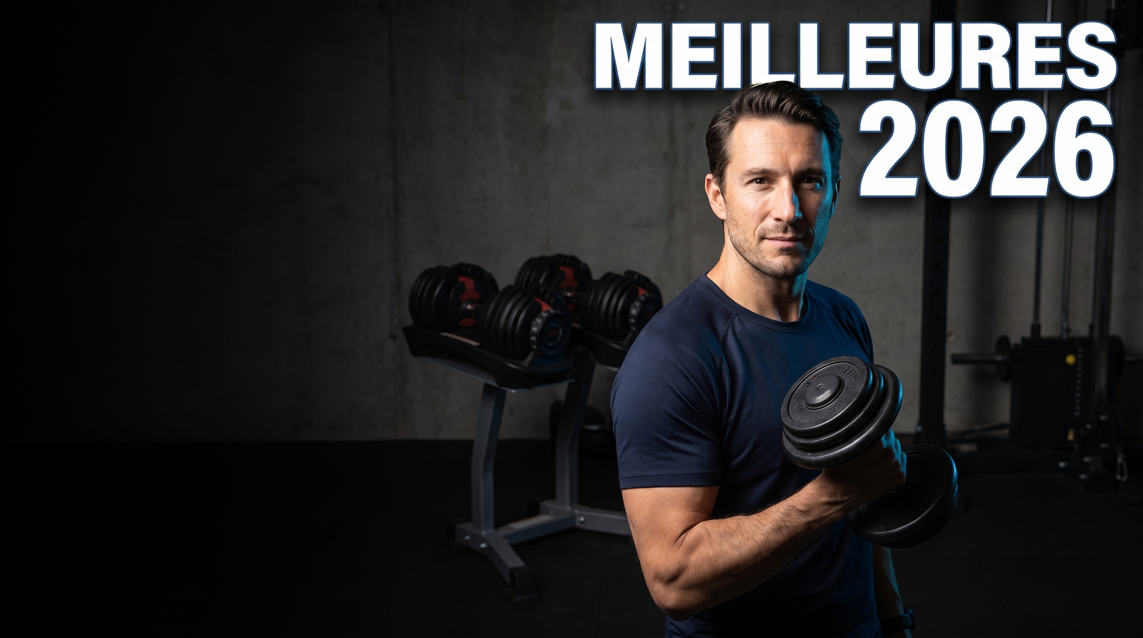 Julien Marchand tenant une haltère réglable BrainGain dans une salle maison, avec le texte Meilleures 2026