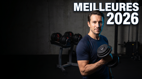 Julien Marchand tenant une haltère réglable BrainGain dans une salle maison, avec le texte Meilleures 2026
