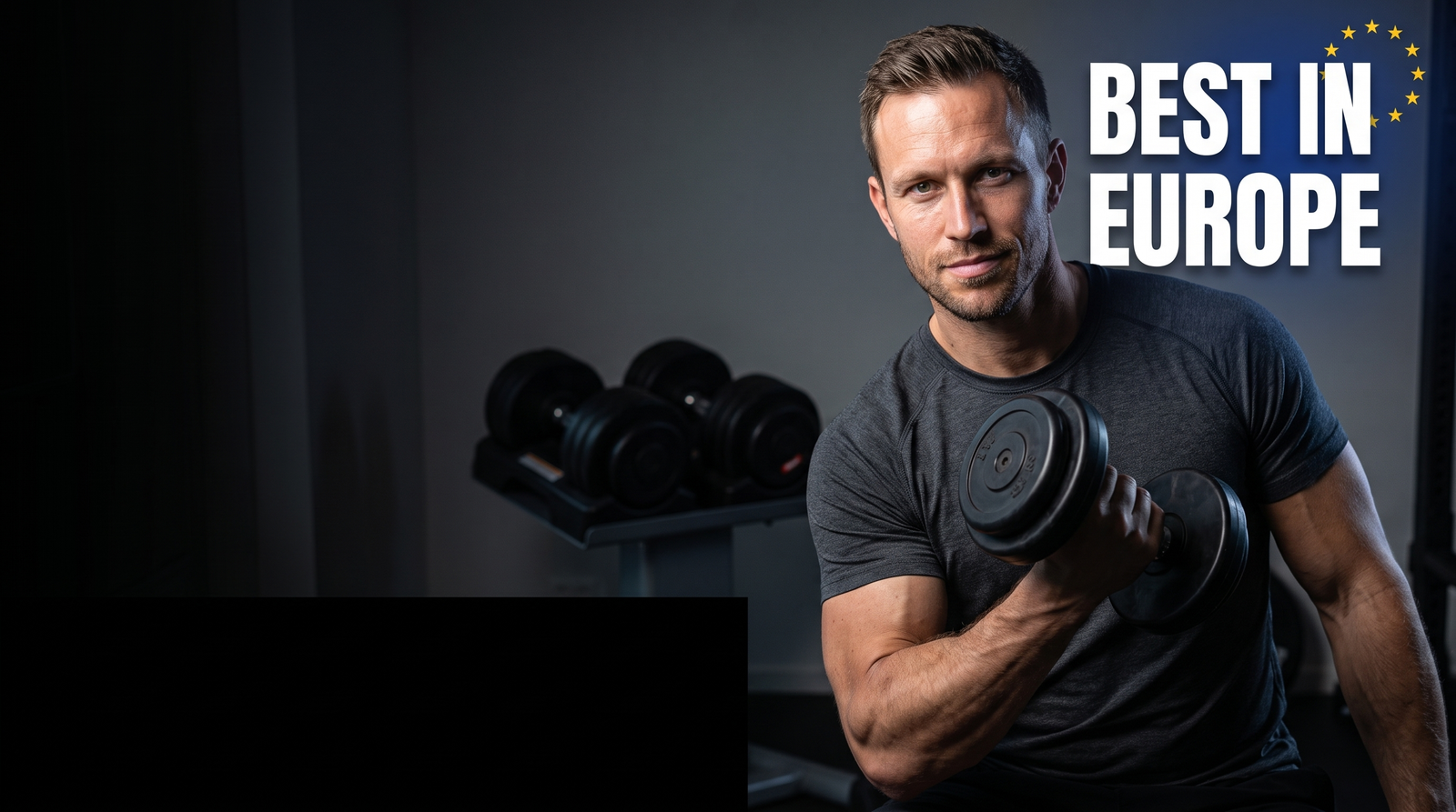 Athletic reviewer Lukas Weber curling a BrainGain adjustable dumbbell in a home gym, with the caption Best in Europe and EU stars