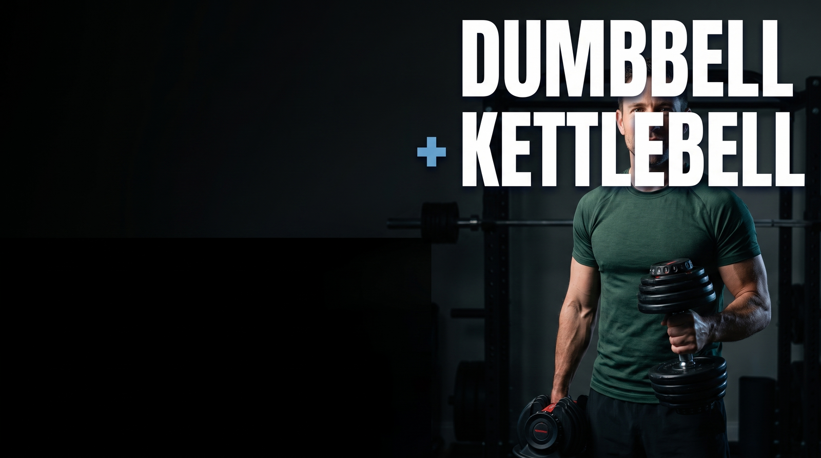 Daniel Hart holding a BrainGain adjustable dumbbell with a kettlebell nearby, captioned Dumbbell plus Kettlebell