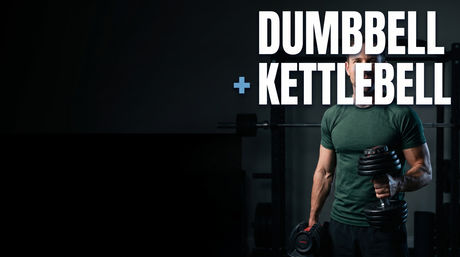 Daniel Hart holding a BrainGain adjustable dumbbell with a kettlebell nearby, captioned Dumbbell plus Kettlebell