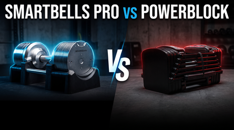 BrainGain SmartBells Pro chrome dumbbell versus a black PowerBlock block dumbbell, head to head