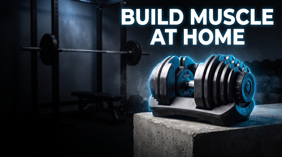 BrainGain SmartBells 40kg adjustable dumbbell in a dark home gym with the caption Build Muscle at Home