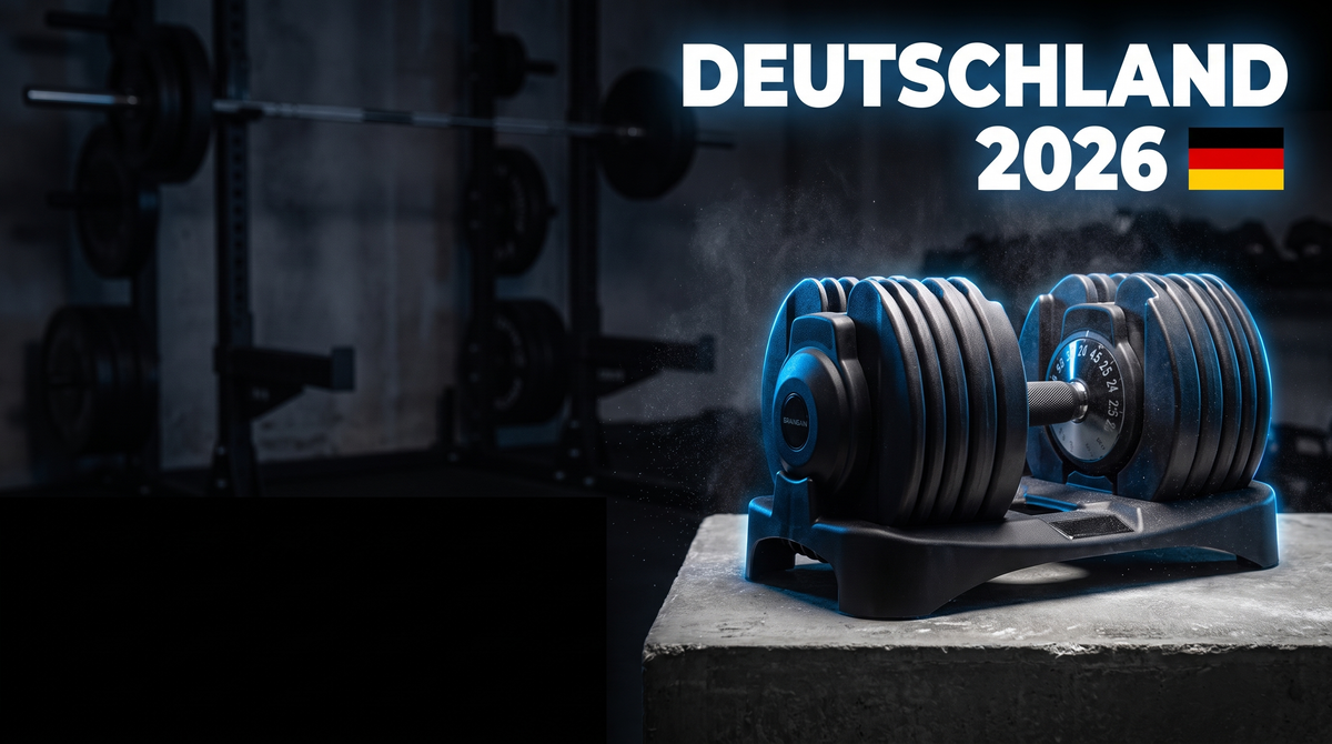 BrainGain SmartBells verstellbare Hantel im dunklen Home-Gym mit dem Schriftzug Deutschland 2026