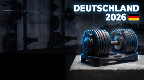 BrainGain SmartBells verstellbare Hantel im dunklen Home-Gym mit dem Schriftzug Deutschland 2026