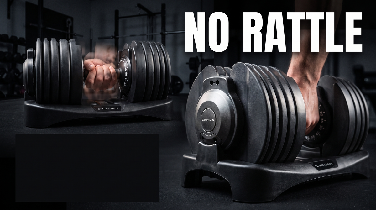 BrainGain SmartBells black octagon adjustable dumbbells, no rattle, dial locking mechanism compared