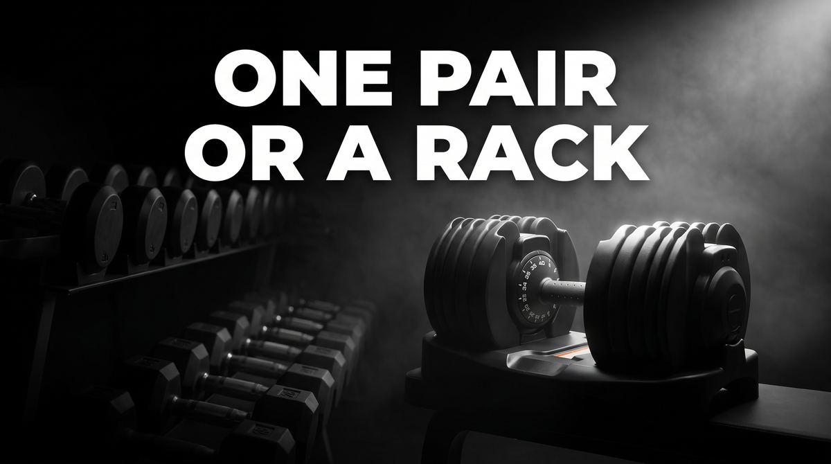 BrainGain SmartBells adjustable dumbbell beside a traditional fixed dumbbell rack, cost and space compared