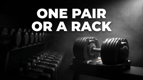 BrainGain SmartBells adjustable dumbbell beside a traditional fixed dumbbell rack, cost and space compared