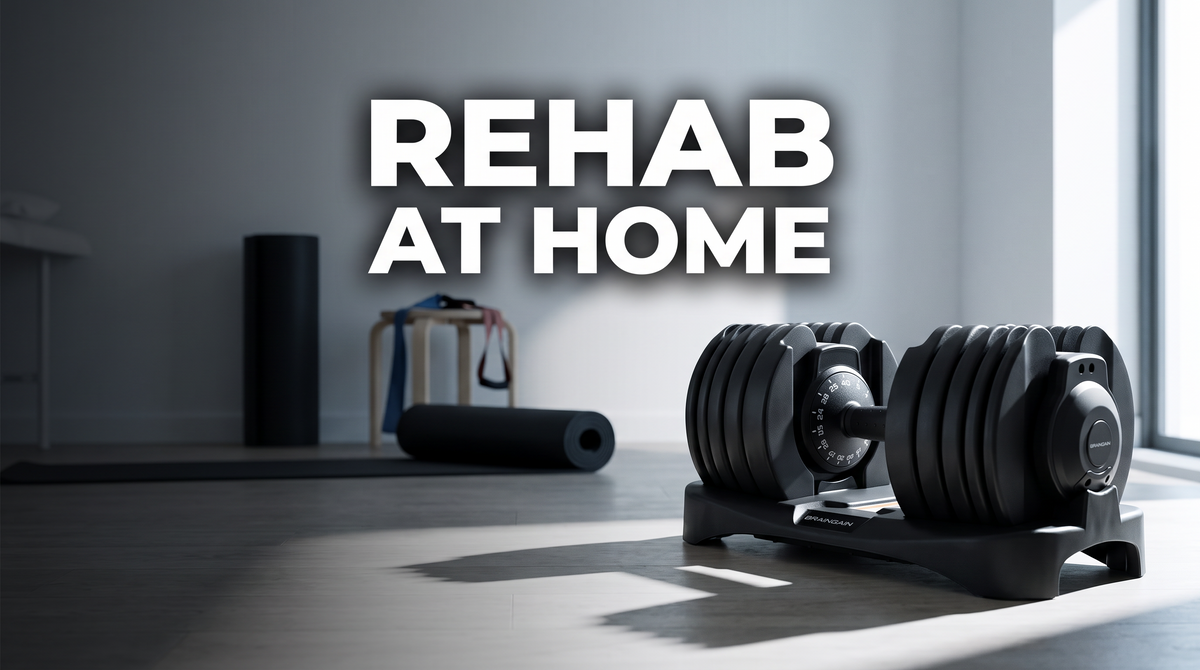 BrainGain SmartBells adjustable dumbbell in a bright home physiotherapy space with a mat and resistance band