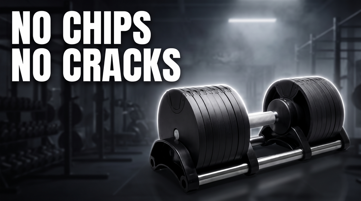 BrainGain adjustable dumbbell with an intact coating, shown against a dark gym background