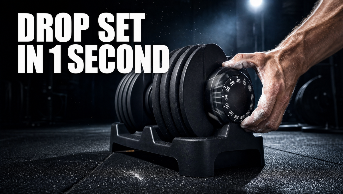 Drop set in 1 second: hand turning the dial on a BrainGain SmartBells 40 kg adjustable dumbbell