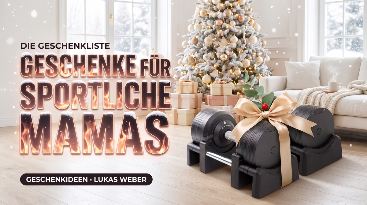 Weihnachtsgeschenke für sportliche Mamas 2026 – BrainGain SmartBells Pro 23.5 kg Black mit goldener Schleife vor dem Weihnachtsbaum