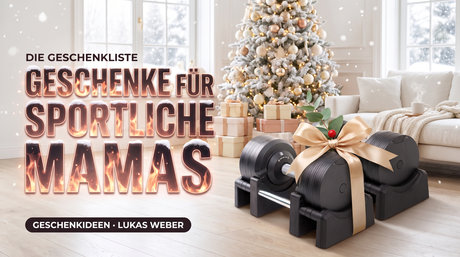 Weihnachtsgeschenke für sportliche Mamas 2026 – BrainGain SmartBells Pro 23.5 kg Black mit goldener Schleife vor dem Weihnachtsbaum