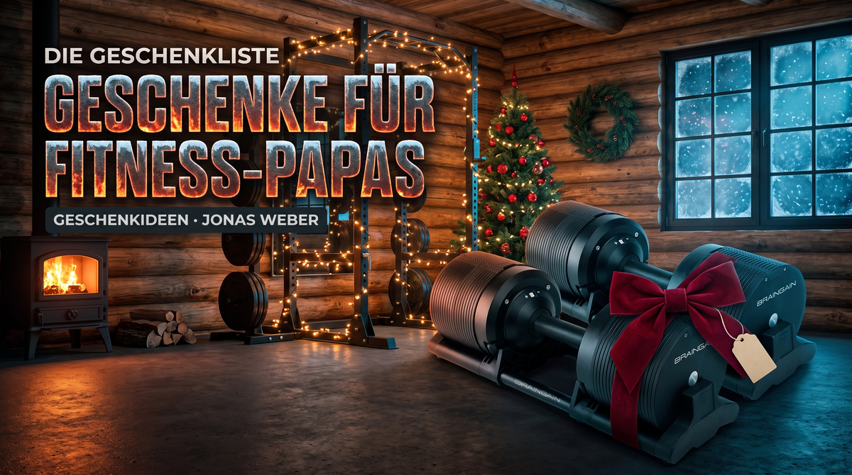 Weihnachtsgeschenke für fitnessbegeisterte Papas 2026 – BrainGain 40kg SmartBells Ninja mit roter Schleife in einer Blockhütten-Garage