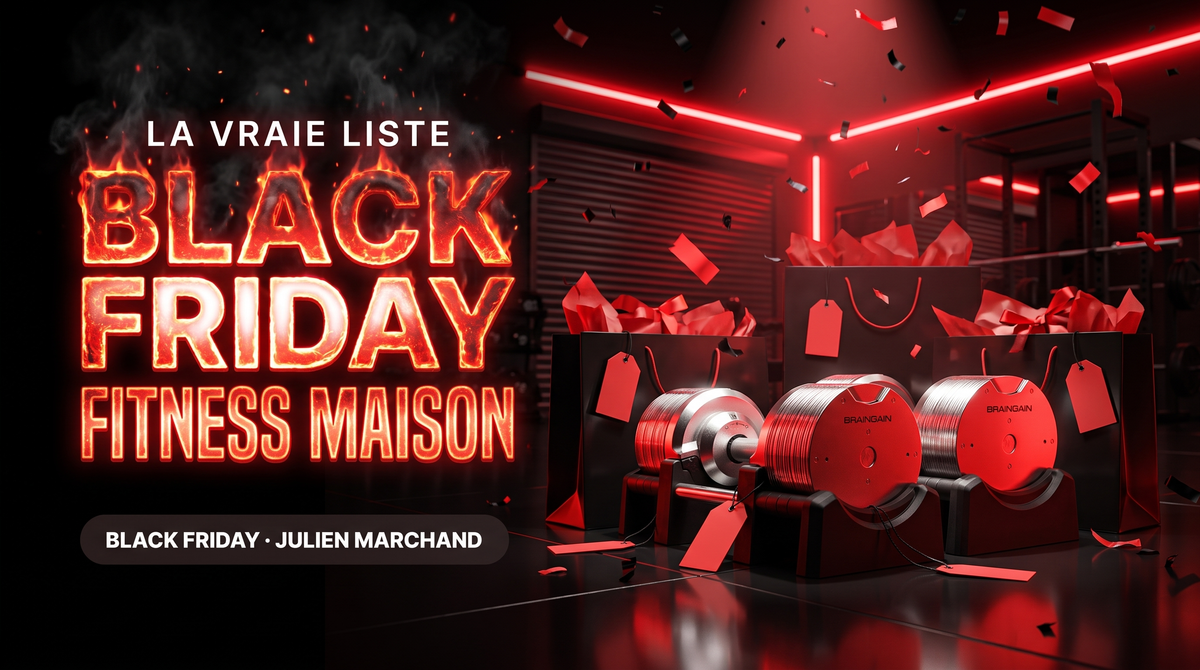 Black Friday fitness maison 2026 – haltères réglables BrainGain SmartBells Pro 41.5 kg Chrome sous un projecteur rouge