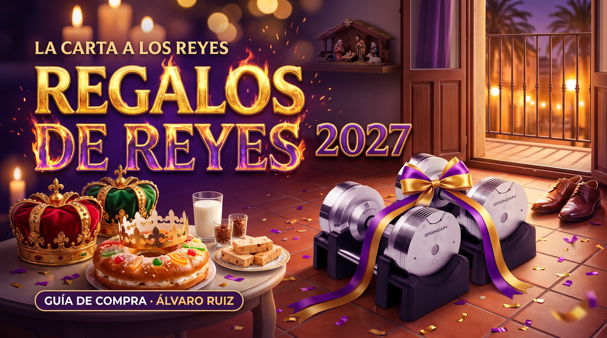 Regalos de Reyes 2027: mancuernas ajustables BrainGain SmartBells Pro 23.5 kg cromo con lazo junto a coronas, roscón de Reyes y zapatos en el balcón
