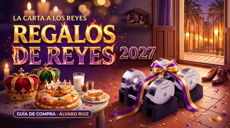 Regalos de Reyes 2027: mancuernas ajustables BrainGain SmartBells Pro 23.5 kg cromo con lazo junto a coronas, roscón de Reyes y zapatos en el balcón