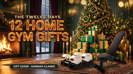 The Twelve Days of Home Gym Christmas: BrainGain SmartBells Pro 41.5 kg Chrome and adjustable bench in front of a Christmas tree and a pyramid of gifts