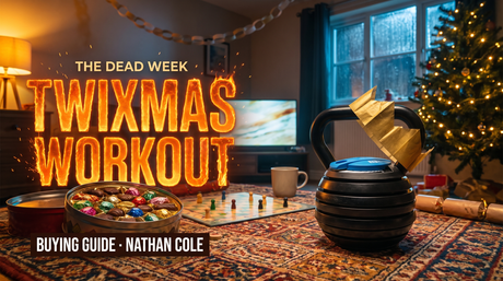 The Twixmas Workout: BrainGain 18 kg adjustable kettlebell with a cracker paper crown on a living-room rug between Christmas and New Year