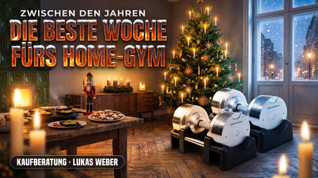 Zwischen den Jahren trainieren: BrainGain SmartBells Pro 32.5 kg Chrome im Altbau-Wohnzimmer mit Kerzenbaum, Nussknacker und Schnee vor dem Fenster