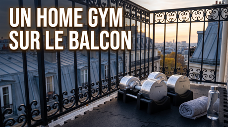 Un home gym sur le balcon : haltères BrainGain SmartBells Pro 41,5 kg Chrome sur dalles de caoutchouc, balcon parisien au coucher du soleil
