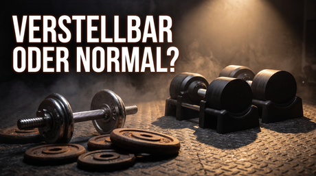 Verstellbar oder normal: BrainGain SmartBells Pro 41,5 kg Black in ihren Basen neben einer klassischen Schraubhantel mit Gusseisenscheiben