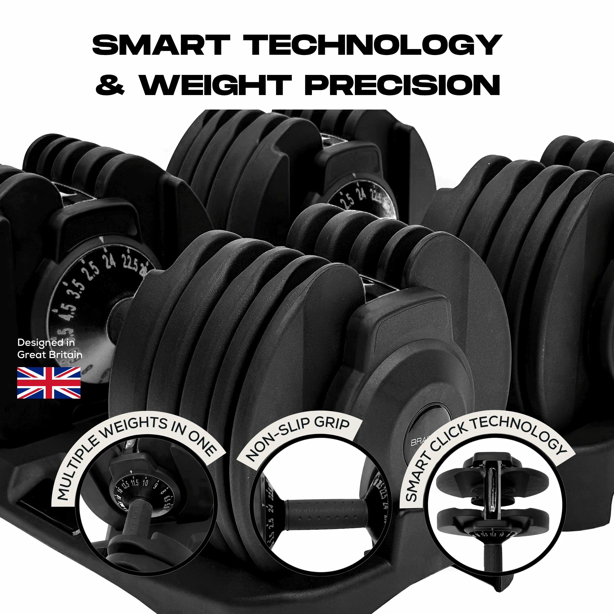 Haltères Réglables BRAINGAIN - 15 Poids En 1 (2,5 à 24 Kg), Technologie Smart Click, Gain De Place Salle De Sport
