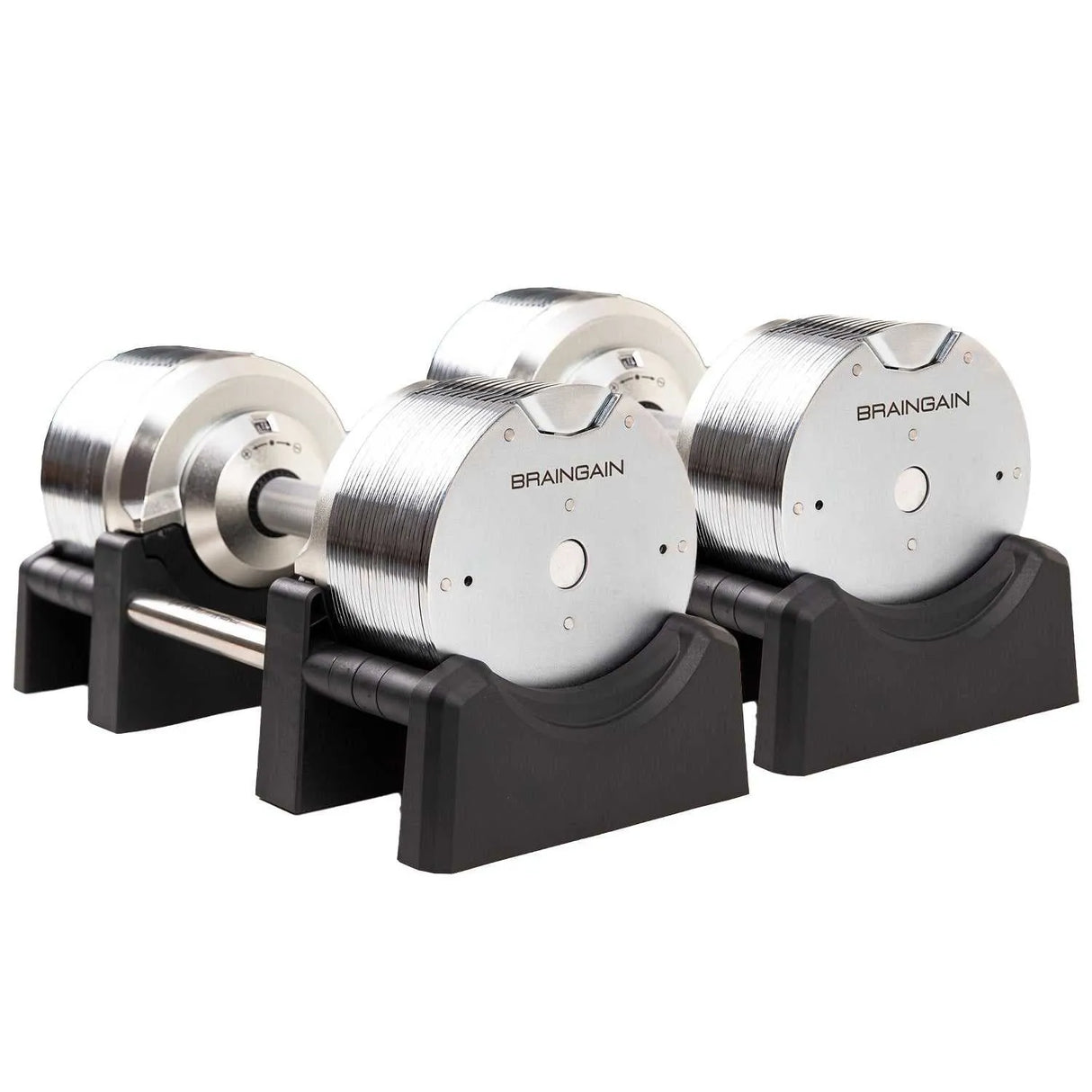 Top view of BRAINGAIN 41.5kg chrome adjustable dumbbell showing weight plate structure and twist handle