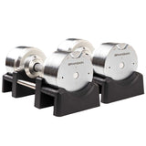 Top view of BRAINGAIN 41.5kg chrome adjustable dumbbell showing weight plate structure and twist handle