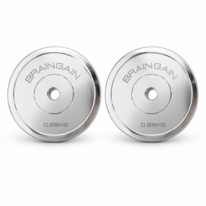 BrainGain 0.25kg magnetic micro weight plates, chrome pair on white background