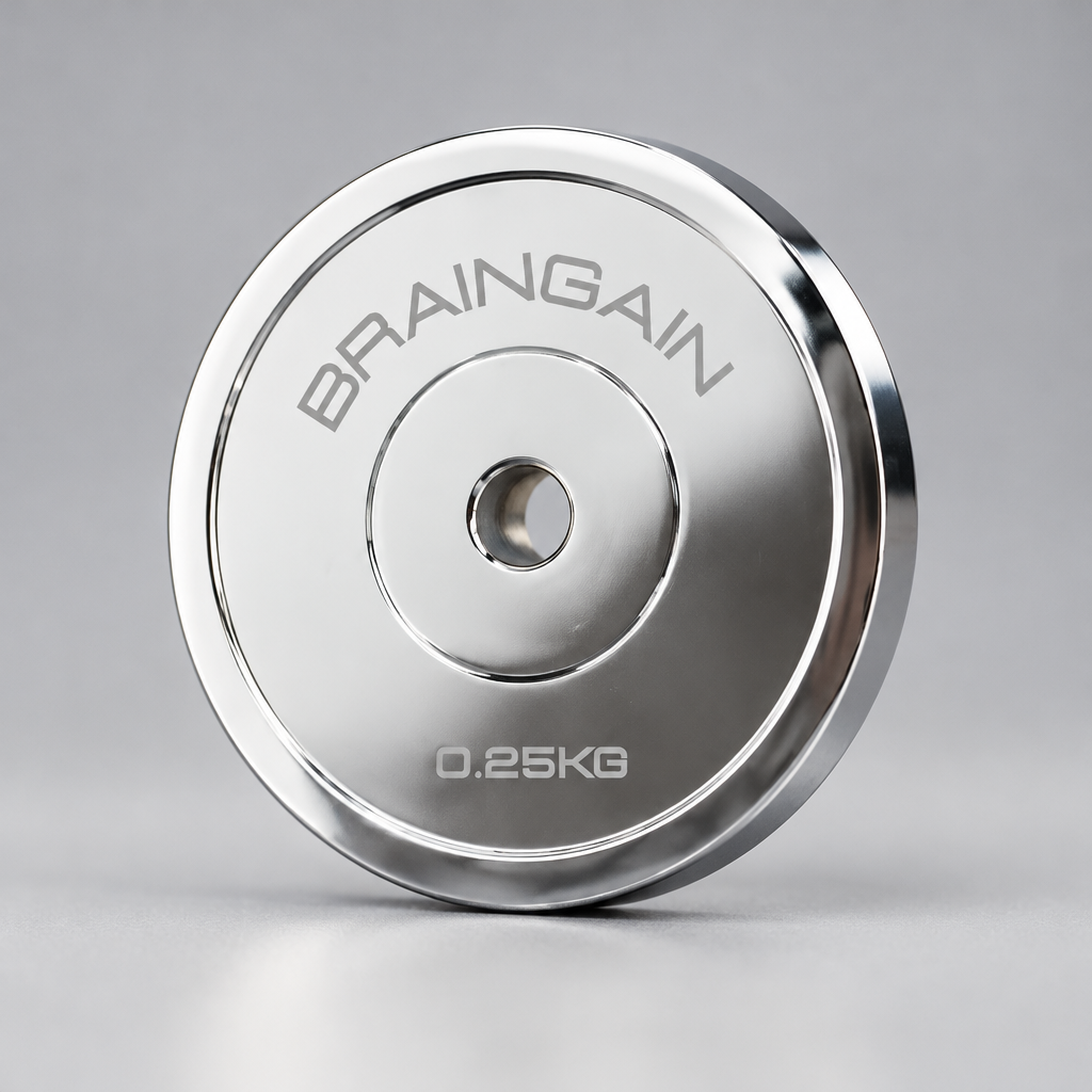 BrainGain 0.25kg magnetic micro weight plate, single chrome plate close-up